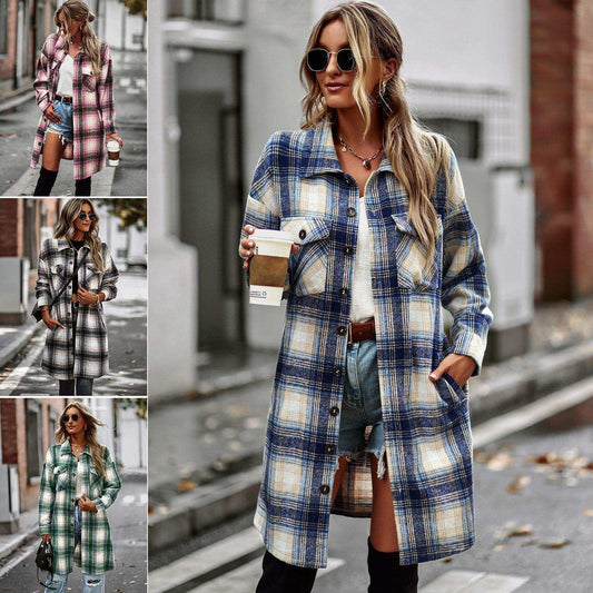 Temperament Leisure Long Plaid Tup Cardigan Coat - globaltradeleader