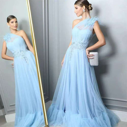 Blue One-shoulder Feather Wedding Dress - globaltradeleader