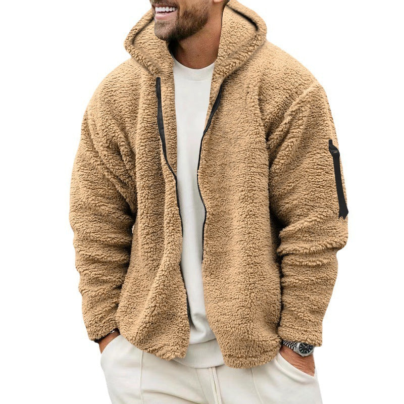 Plush Hooded Jacket Men's Autumn And Winter Fleece Double-sided Wear Warm Coat With Zipper Loose Casual Jacket Outdoor Clothing - globaltradeleader