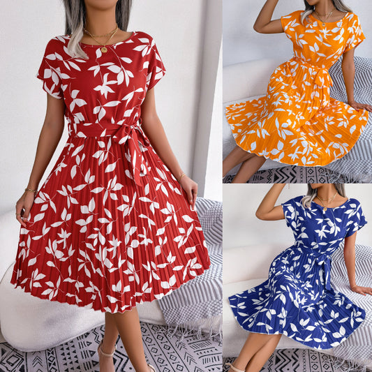 Leaf Print Dress Women Short Sleeve Lace-up Skirt Summer Beach Dress - globaltradeleader