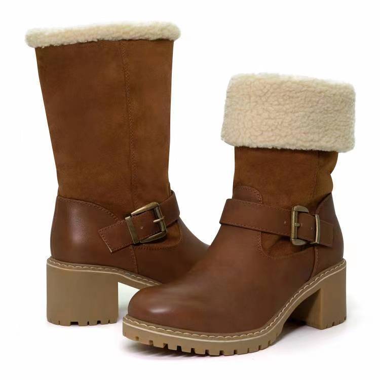 Fashion Boots With Buckle Chunky Heel Shoes Warm Winter Round Toe Western Boots For Women - globaltradeleader