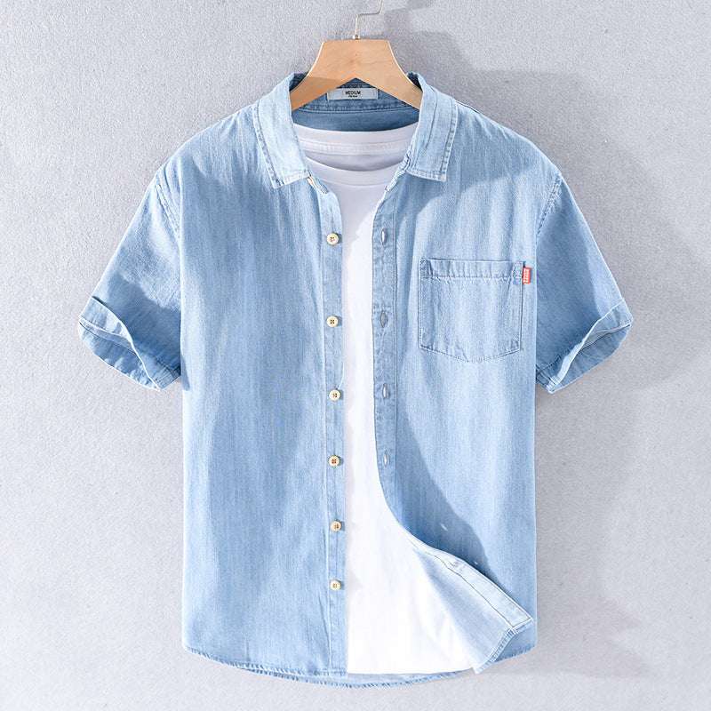 Summer Cotton Short Sleeve Denim Shirt For Men Classic All-matching - globaltradeleader
