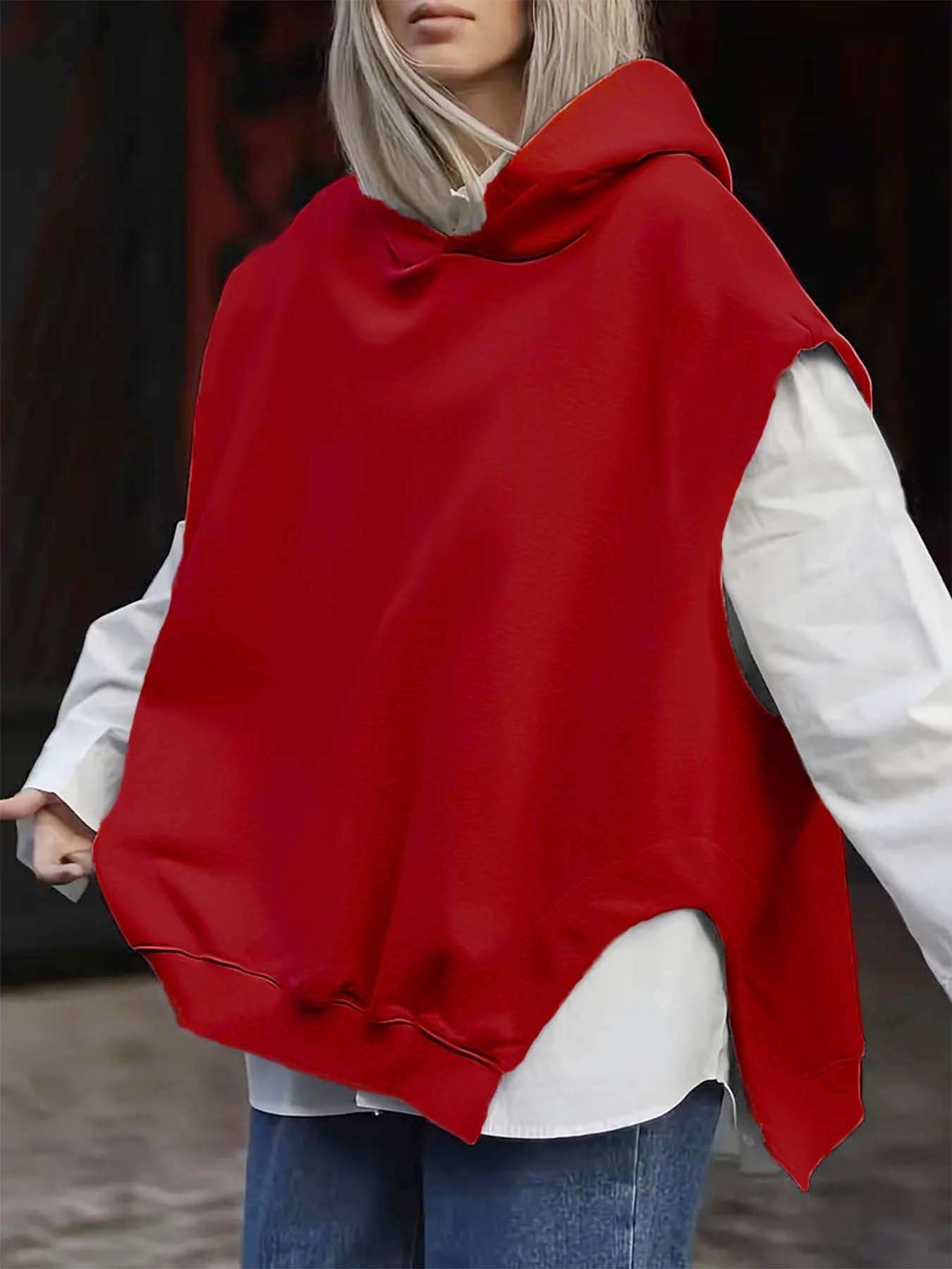 Women's Solid Color Style Loose Sleeveless Hooded Jacket Sweater - globaltradeleader