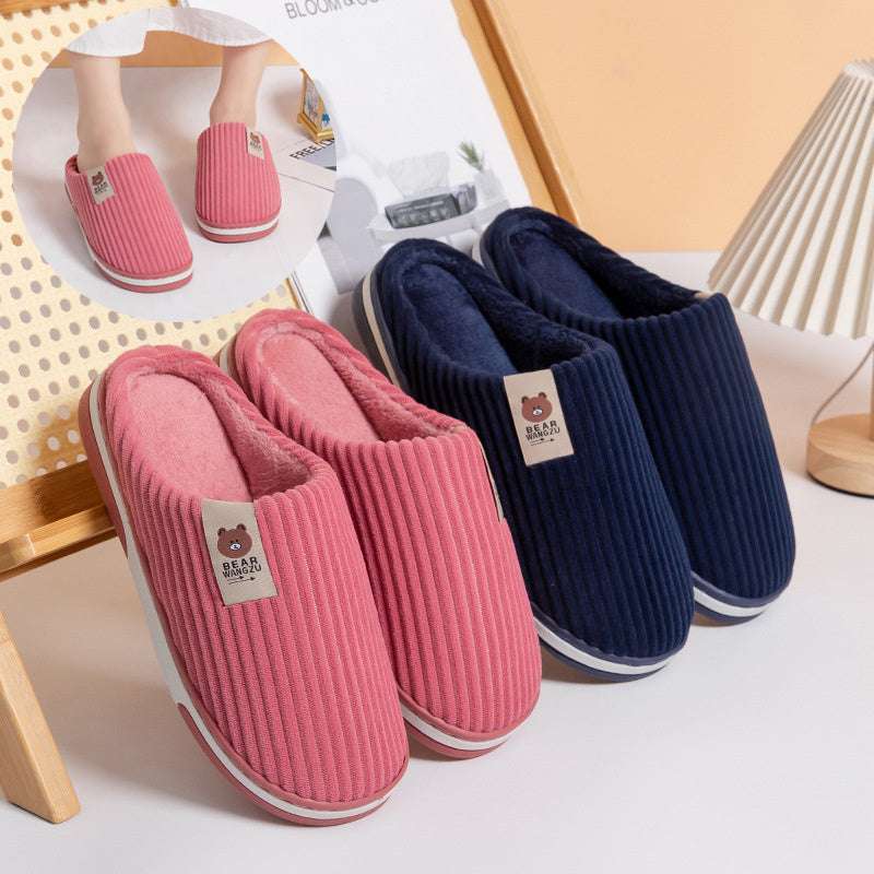 Solid Color Striped Slippers For Women Thick-soled Anti-slip Indoor Warm Plush Home Shoes Couple Women Men Slipper Winter - globaltradeleader