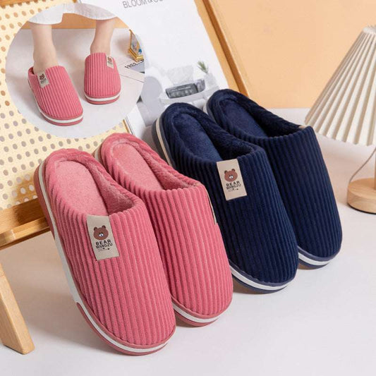 Solid Color Striped Slippers For Women Thick-soled Anti-slip Indoor Warm Plush Home Shoes Couple Women Men Slipper Winter - globaltradeleader