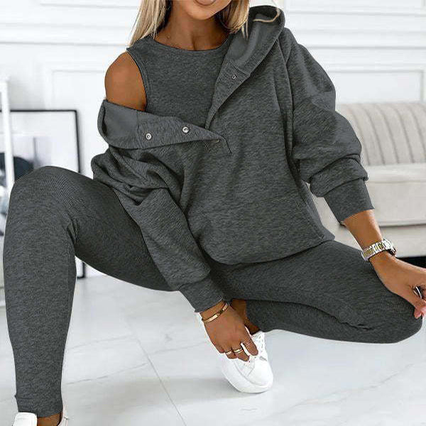 3pcs Women's Sports Suit Loose Hooded Pockets Sweatshirt And Vest And Slim Trousers - globaltradeleader