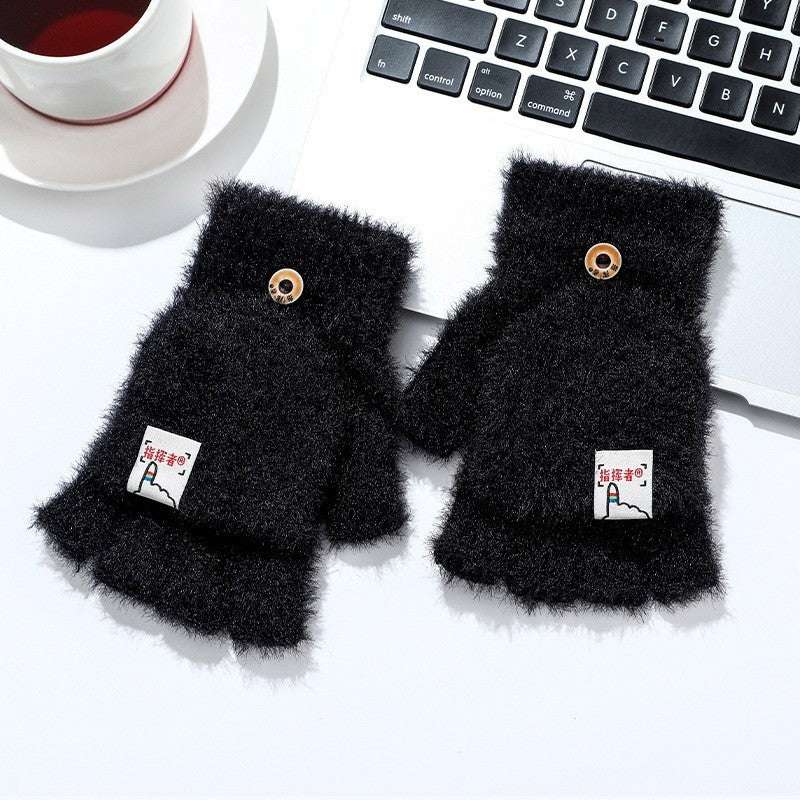 Plush Winter Half Finger Flap Warm Thickened Mink Like Knitting Gloves - globaltradeleader