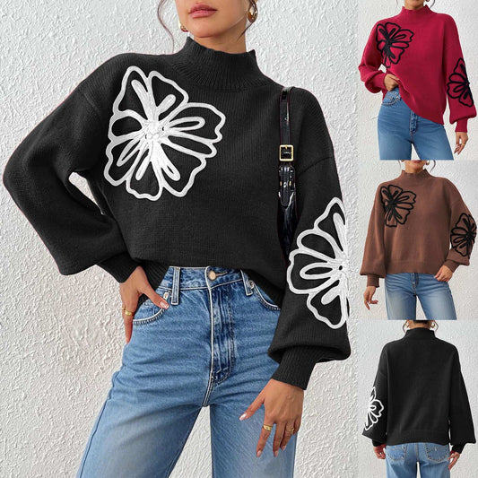 Women's Three-dimensional Ribbon Embroidery Flower Mock Neck Sweater - globaltradeleader