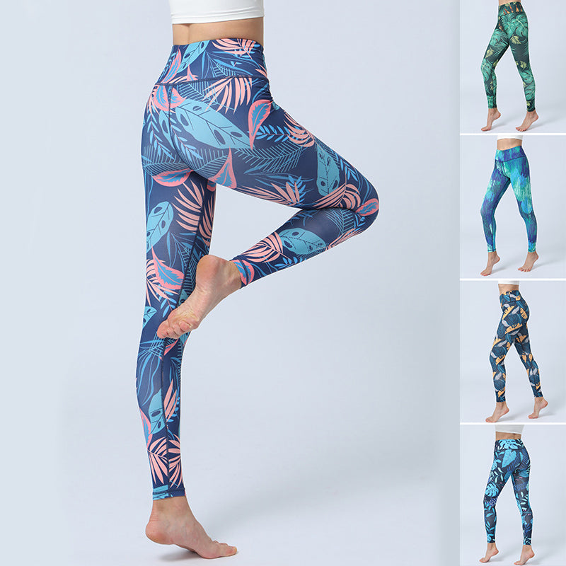 Fashion Leaves Printed Yoga Pants Women's High Waist Hip Lifting Sports Fitness Leggings - globaltradeleader