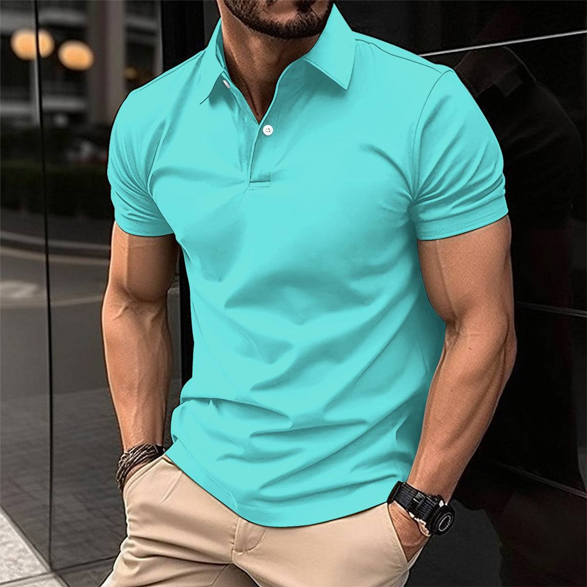 Summer Short Sleeve Polo Shirt Men Solid Color Button Lapel Buttono Top - globaltradeleader