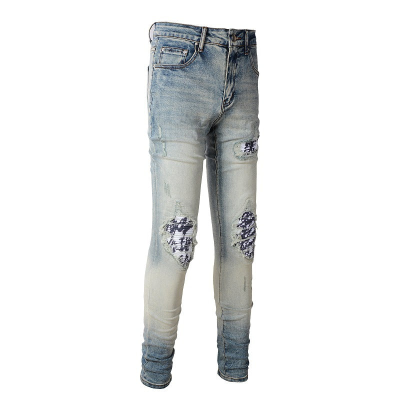 American High Street Fashionable Men's Ripped Black And White Patch Jeans - globaltradeleader