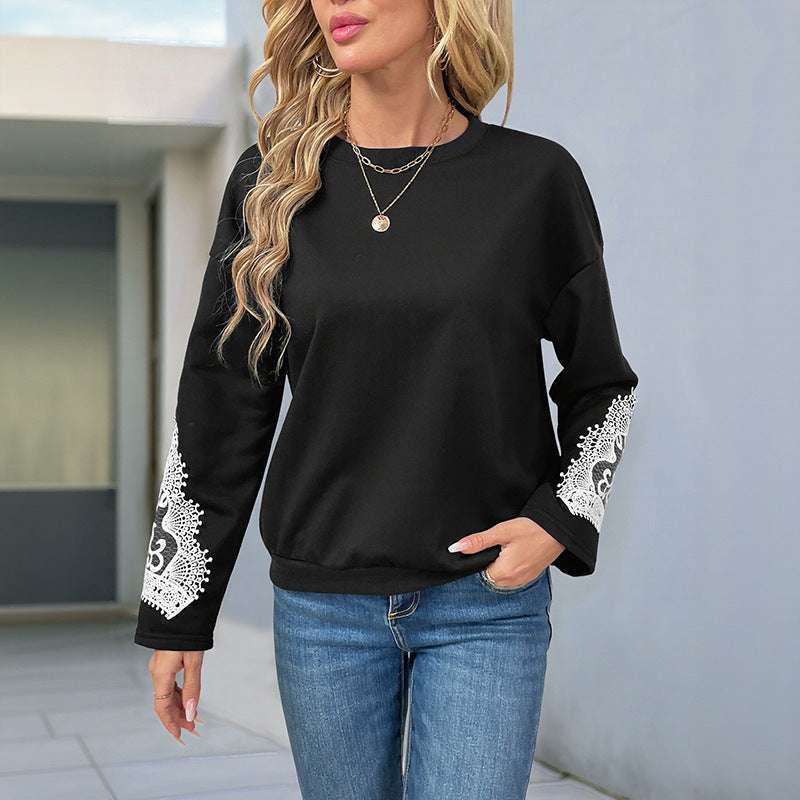 Women's Lace Stitching Round Neck Pullover Top - globaltradeleader