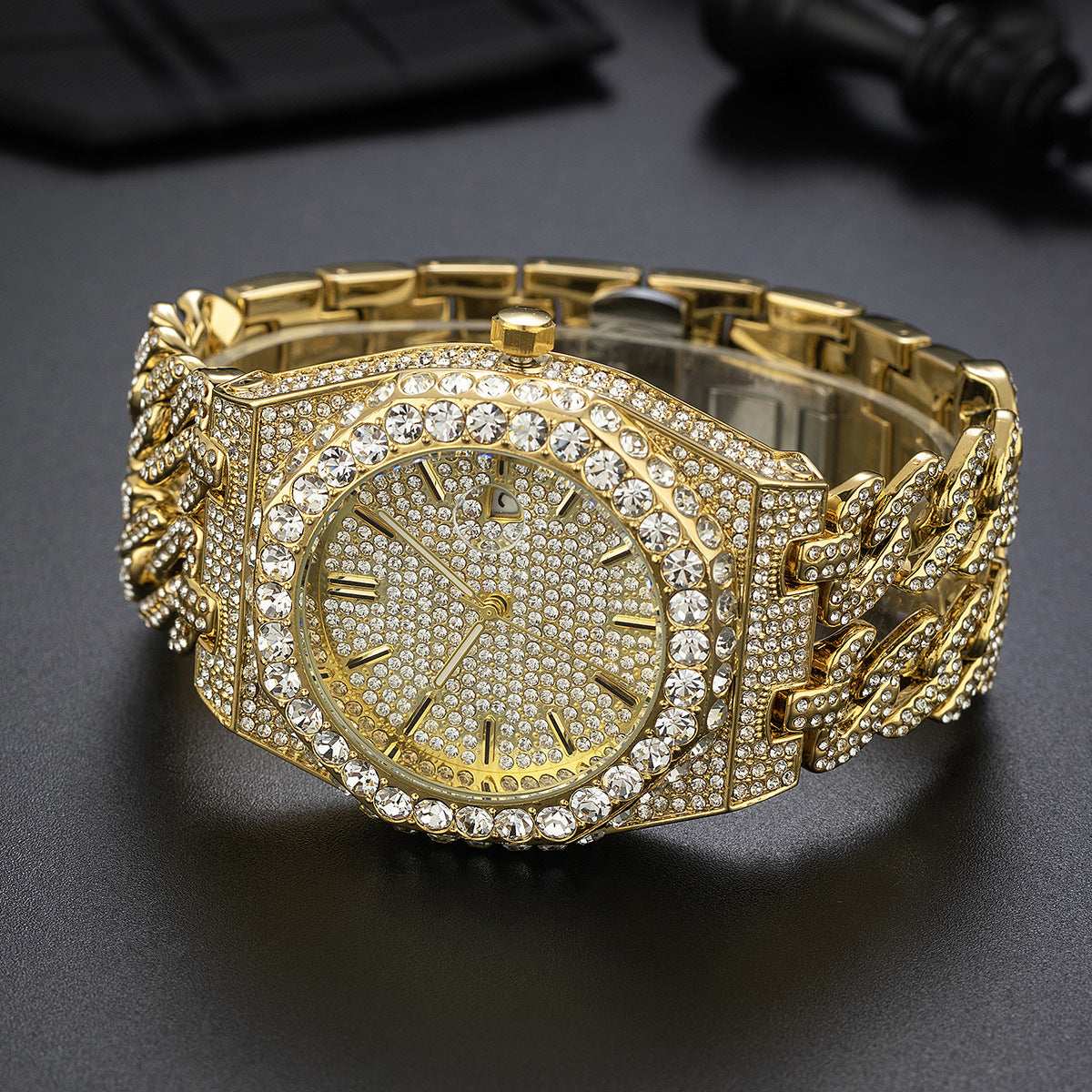 Men's Hip Hop Iced Diamond Fashion Cuban Link Chain Quartz Clock - globaltradeleader