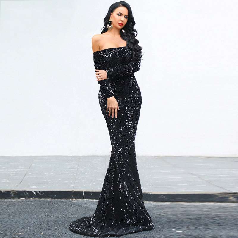 Sexy Strapless Long Sleeve Sequins Party Evening Dress - globaltradeleader