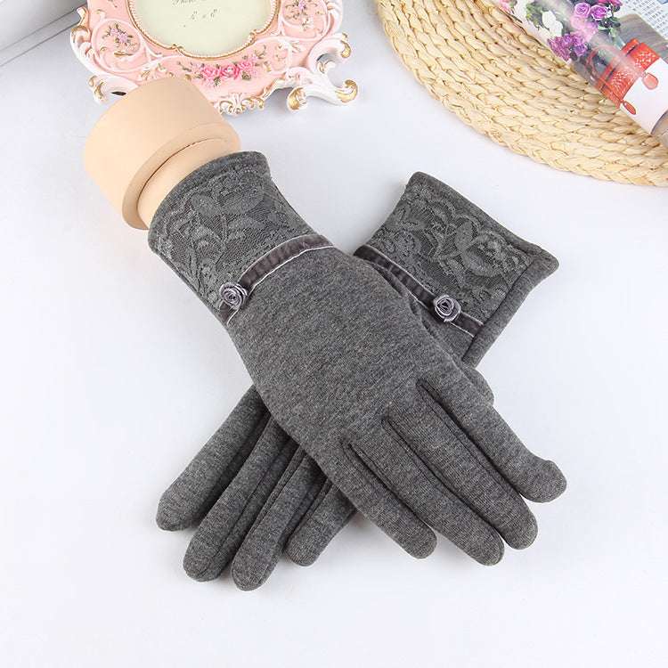 New Women's Outdoor Cycling Gloves Winter Solid Color Touch Screen Windproof Warm Gloves Lace Velvet Gloves - globaltradeleader