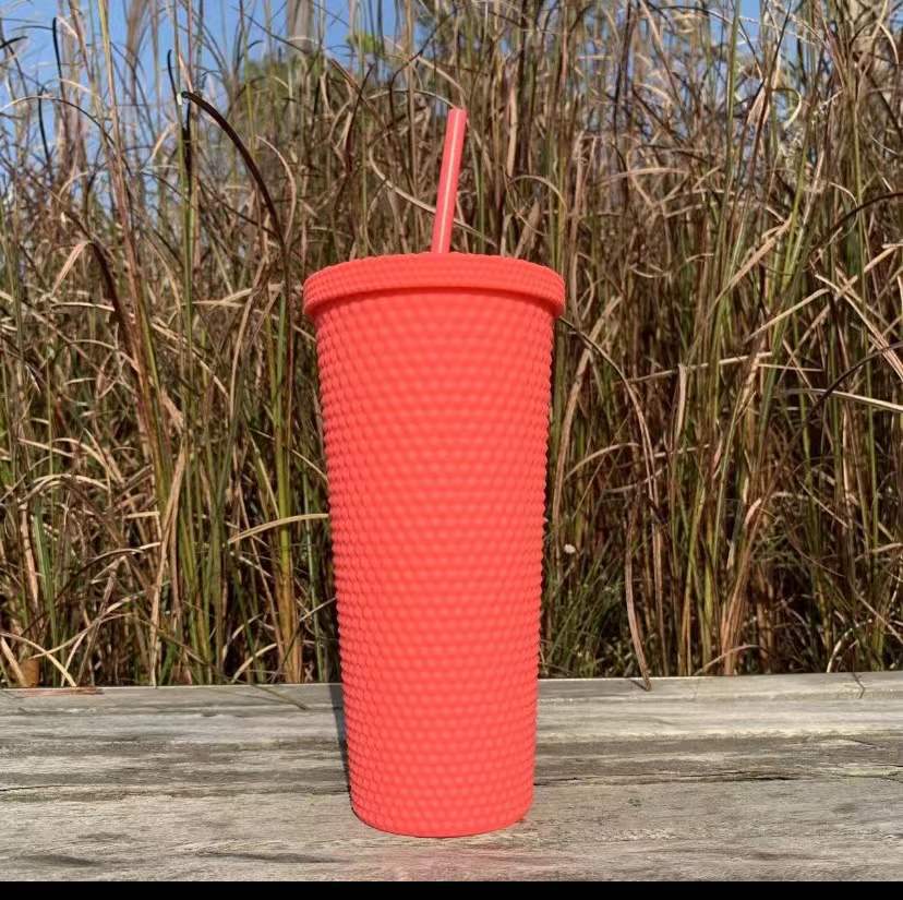 Outdoor Plastic Double Frosted Mug With Straw