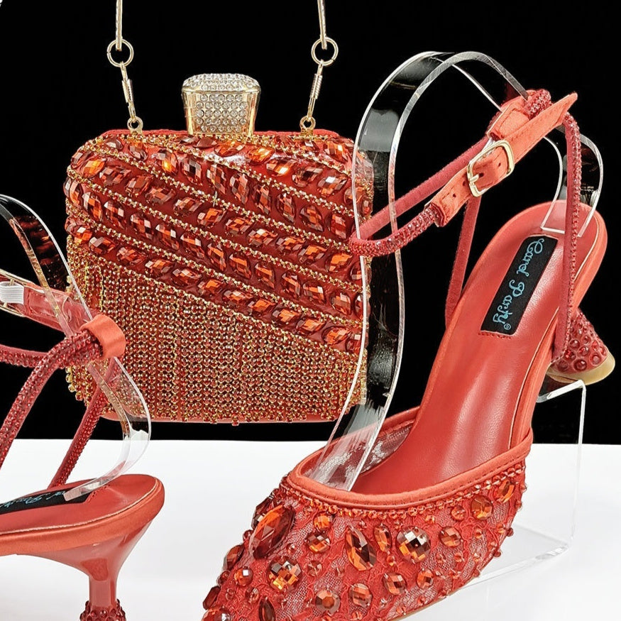 Large Rhinestone High Heel Sandals Three-dimensional Tassel Handbag Set - globaltradeleader