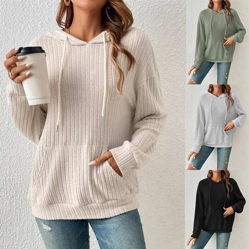Fashion Drawstring Long-sleeved Hooded Sweatshirt With Pockets Solid Sunken Stripe Hoodie Knitwear Womens Clothing - globaltradeleader