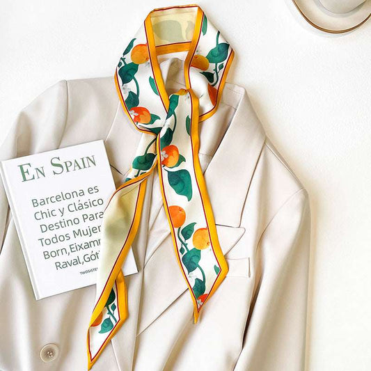 Fruit Pattern Thin Narrow Long Strip Of Silk Scarf Women