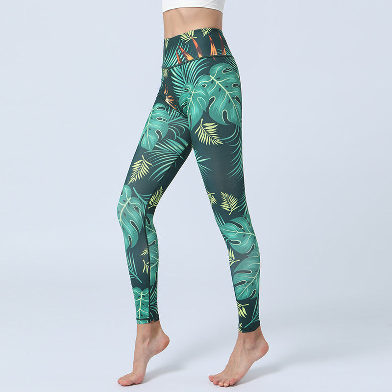 Fashion Leaves Printed Yoga Pants Women's High Waist Hip Lifting Sports Fitness Leggings - globaltradeleader