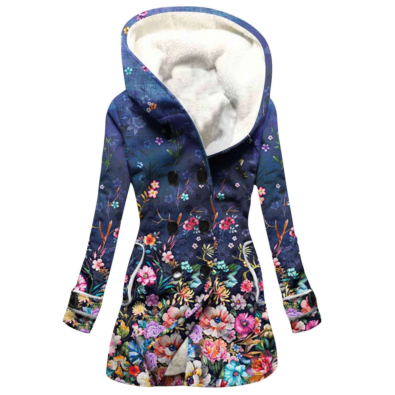 Women's Windbreaker Winter Thickened Imitation Lamb Stitching Floral Hooded - globaltradeleader