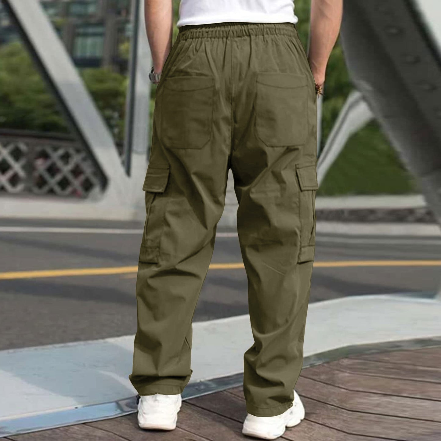 Casual Cargo Pants For Men Loose Straight Drawstring Waist Trousers With Pockets - globaltradeleader