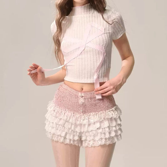 Peach Blossom Bud White French Lace Shorts - globaltradeleader