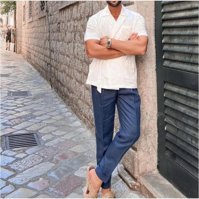 Summer Men's Solid Color Cotton And Linen Suit Lapel Tied Short Sleeve Shirt - globaltradeleader