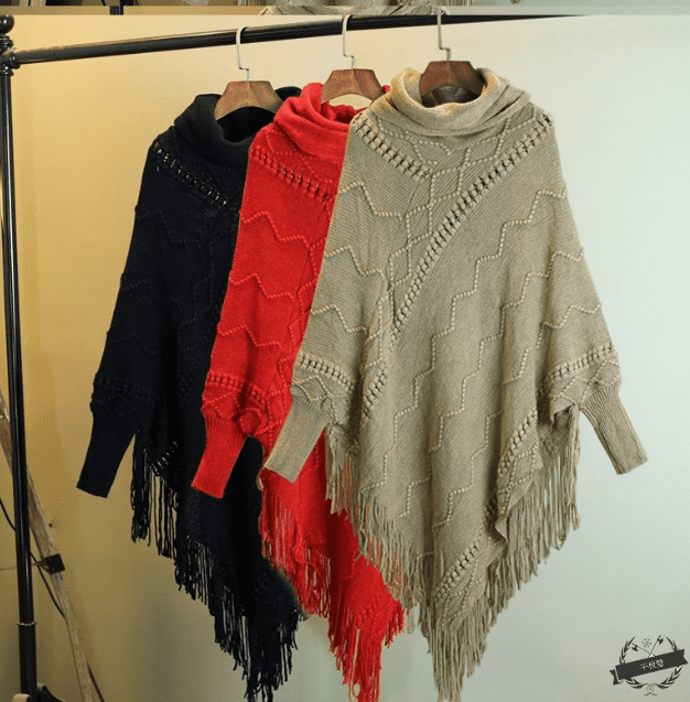 Autumn And Winter New Tassel Knitwear Shawl High Collar Warm Batwing Sleeve Pullover