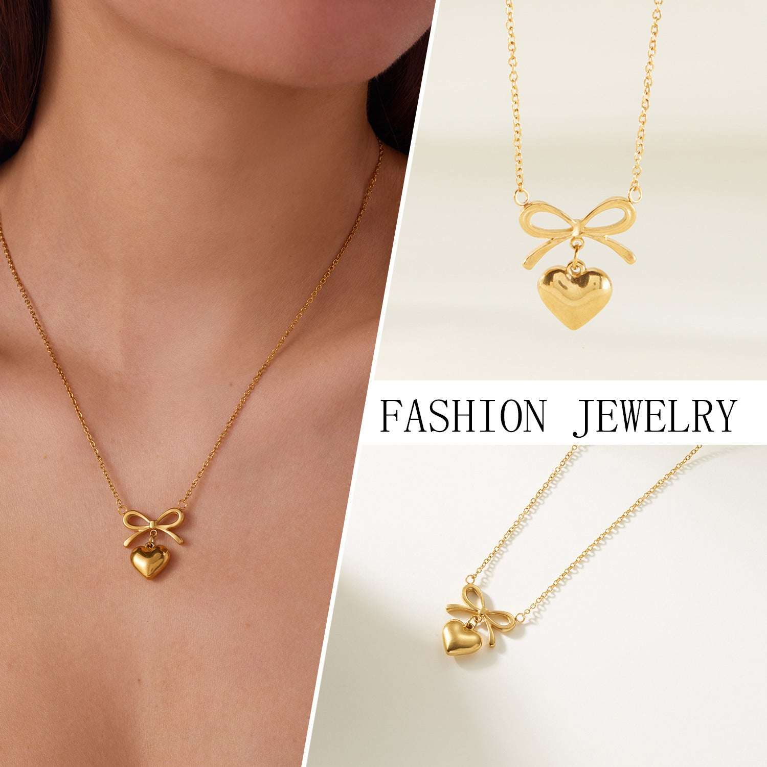 Stainless Steel New Fashion Fine Waterproof Jewelry Love Heart Bowknot Shape Charm Chain Choker Necklaces Pendant For Women Fashion Jewelry - globaltradeleader