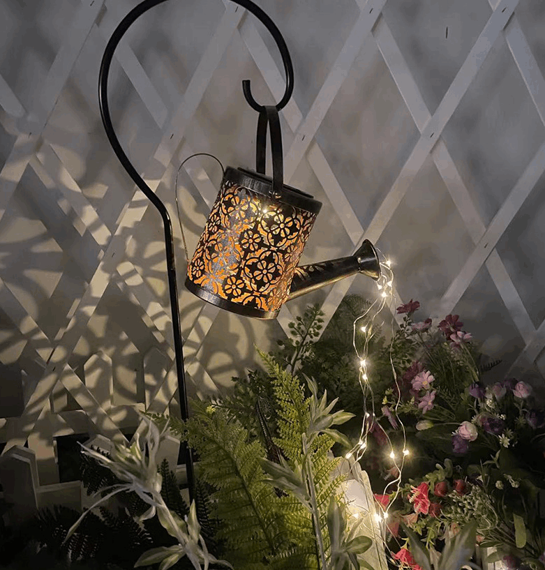 Outdoor Solar Watering Can Ornament Lamp Garden Art Light Decoration Hollow-out Iron Shower LED Lights
