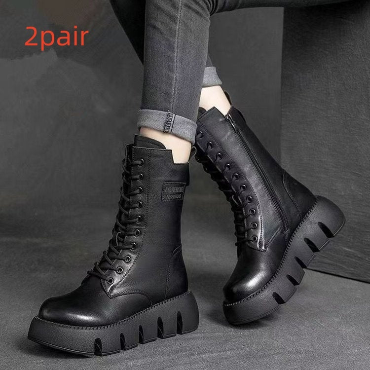 Retro Boots For Women Lace-up Shoes Autumn And Winter Versatile High Top Buckle British Boots - globaltradeleader