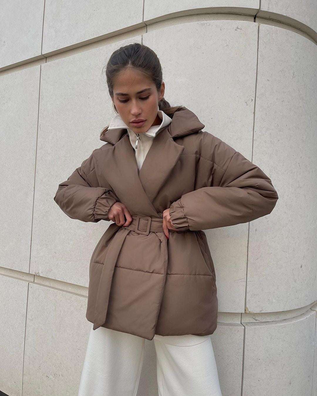 Winter Lapel Waisted Cotton Coat Fashion Solid Color Slim Overcoat Womens Clothing - globaltradeleader