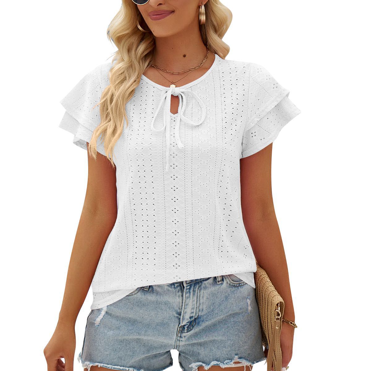 Women's Hole Hollow-out Lace-up Double-layer Sleeve Top - globaltradeleader