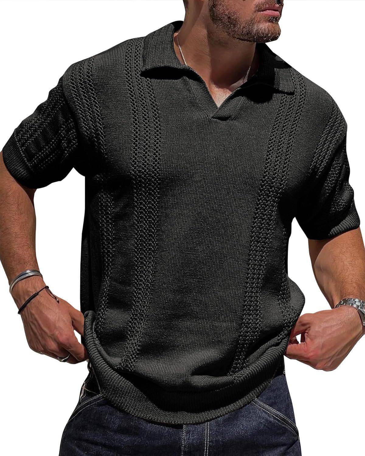 European And American Fashion Men's Knitted Polo Shirt Short Sleeve V-neck Hollow - globaltradeleader