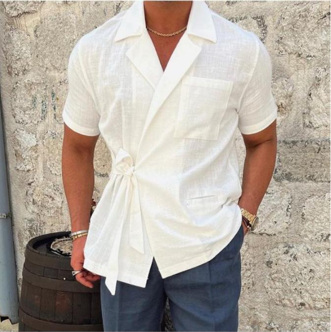 Summer Men's Solid Color Cotton And Linen Suit Lapel Tied Short Sleeve Shirt - globaltradeleader