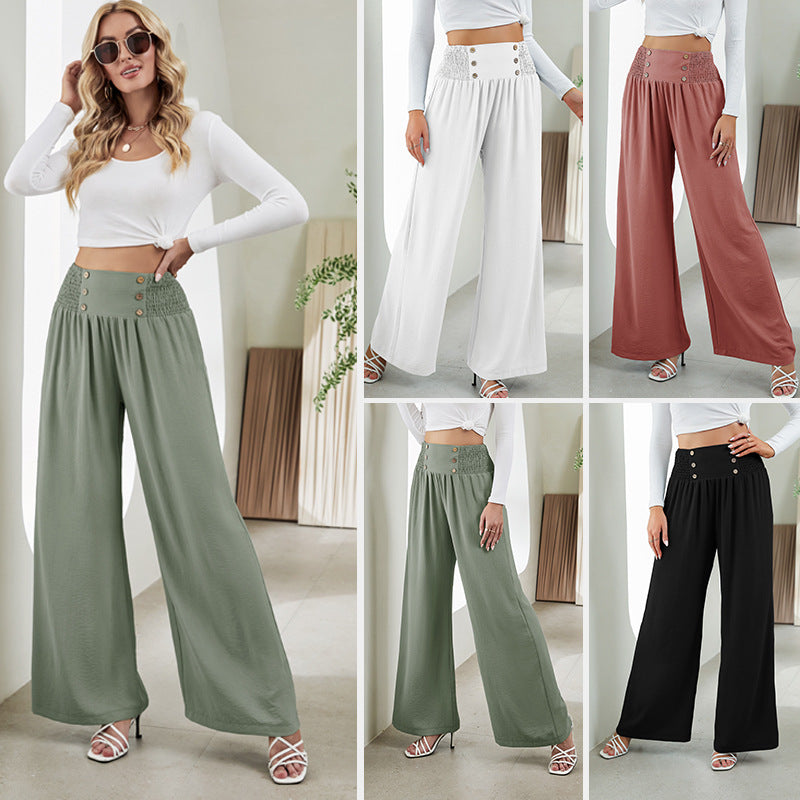 Fashion Straight Wide Leg Pants Elastic High Waist Casual Trousers For Women - globaltradeleader