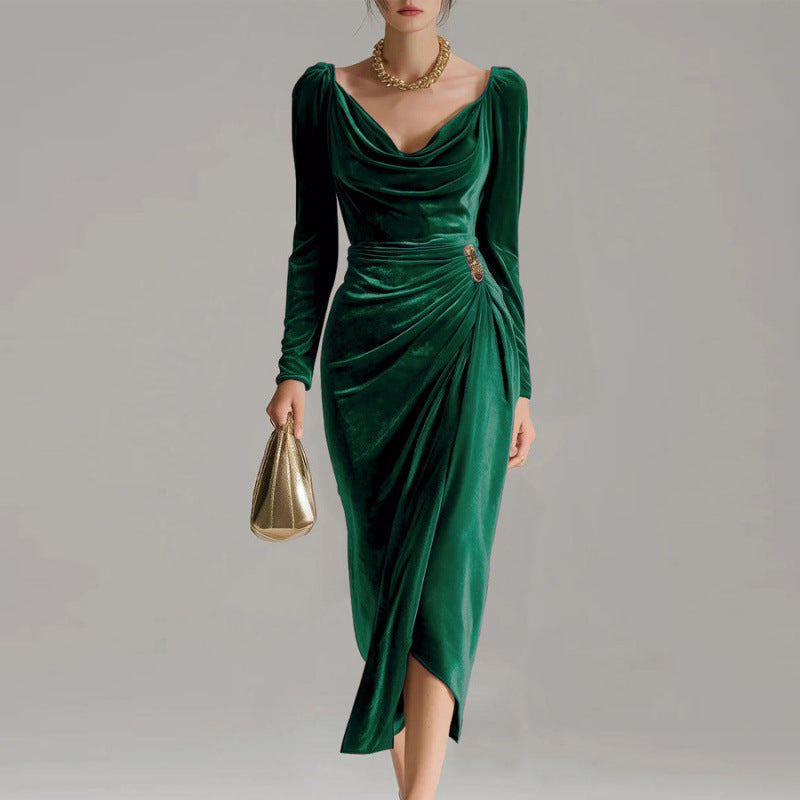 Long Sleeve Pleated Long Slit Velvet Sheath Dress - globaltradeleader