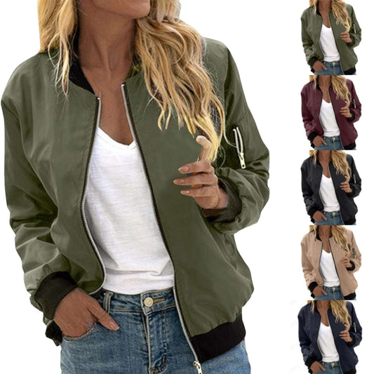 Women's Solid Color Cool Girl Baseball Jackets Round Neck Zipper Vintage Bomber Jacket Autumn Casual Female Bomber Jacket Chic Outerwear - globaltradeleader
