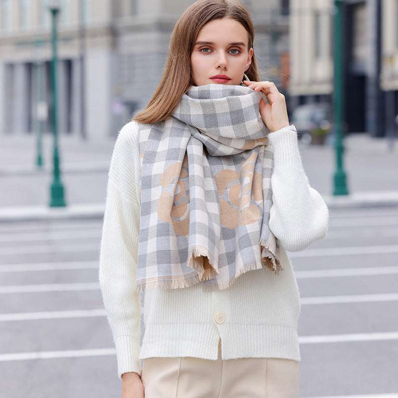 High-grade Cold Protection In Autumn And Winter Thermal Plaid Scarf Printed Tassel Mid-length Shawl - globaltradeleader