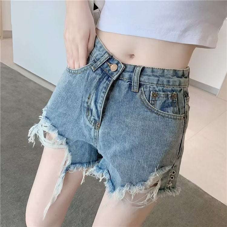 Micro Elastic High Waist Slimming Holes Frayed Vintage Denim Shorts - globaltradeleader