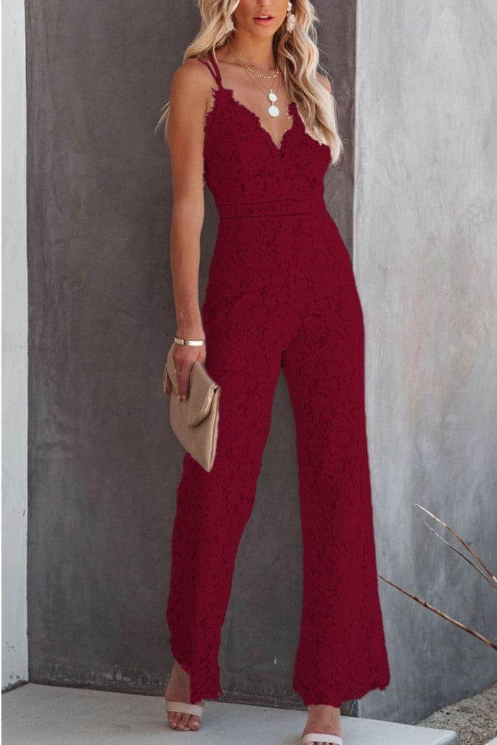 Solid Color Lace Stitching Sleeveless Casual Suspender Jumpsuit - globaltradeleader
