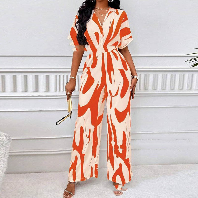 V-neck Loose Printed Long Jumpsuit - globaltradeleader