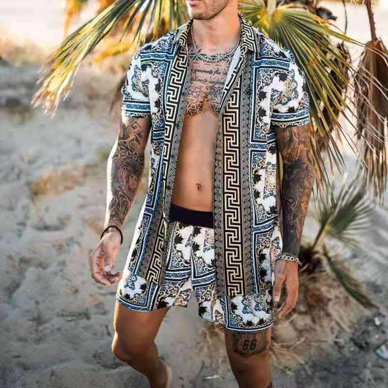 Summer Men Hawaiian Sets Printed Breathable Lapel Short Sleeve Shirtelastic Waist Beach Shorts Streetwear Casual Men Sets 2 Piec - globaltradeleader