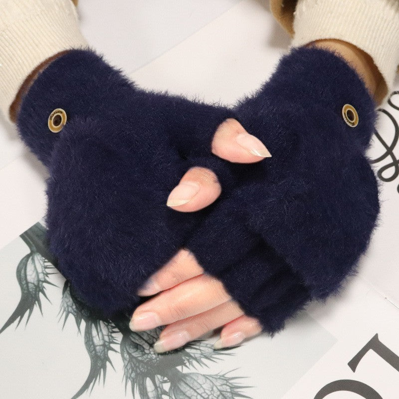 Plush Gloves Female Winter Warm Student Exposed Finger Flip Gloves Household - globaltradeleader