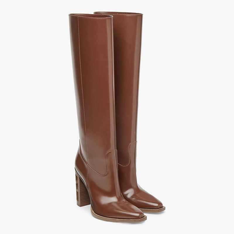 Square Toe Hollow-out Chunky Heel Cowhide Commuter Long Fashion Boots - globaltradeleader