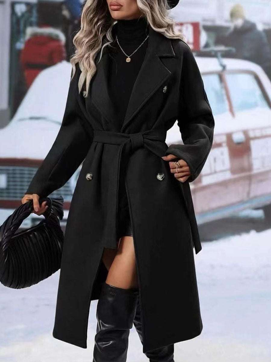 Lapel Double-breasted Trench Coat With Belt Winter Fashion Solid Color Long Jacket Outwear Women Clothing - globaltradeleader