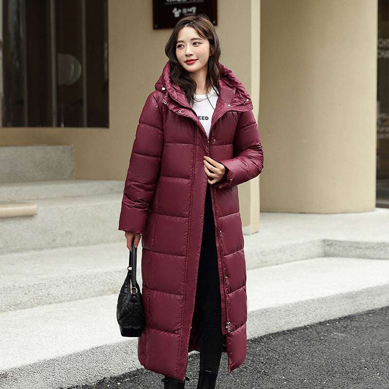 Women's Super Long Down Jacket Winter Puffer Thick Coat Black Red Hooded Zipper Keep Warm Fall Winter Casual Clothes - globaltradeleader