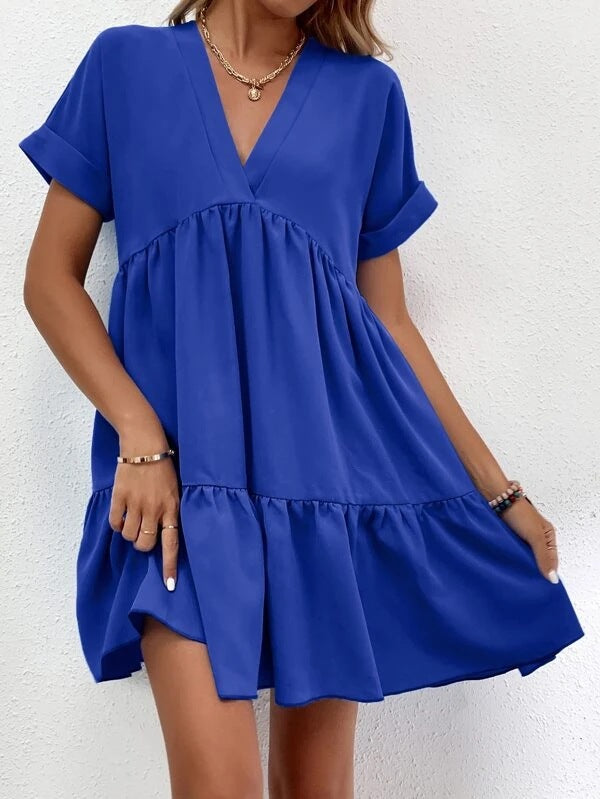 New Short-sleeved V-neck Dress Summer Casual Sweet Ruffled Dresses Solid Color Holiday Beach Dress For Womens Clothing - globaltradeleader