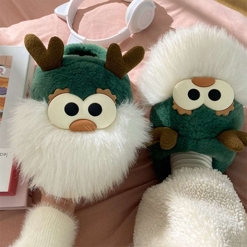 Cute Cartoon Christmas Deer Cotton Shoes Winter Indoor Floor Home Slippers Half-covered Heel Warm Plush Shoes Women - globaltradeleader